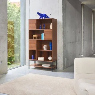 libreria vintage 9 scomparti legno noce con ante metallo nero