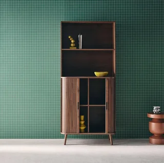 Bibliothèque bois rainuré 4 étagères 2 portes coulissantes style scandinave Legacy