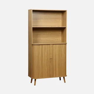 Bibliothèque bois rainuré 4 étagères 2 portes coulissantes style scandinave Legacy