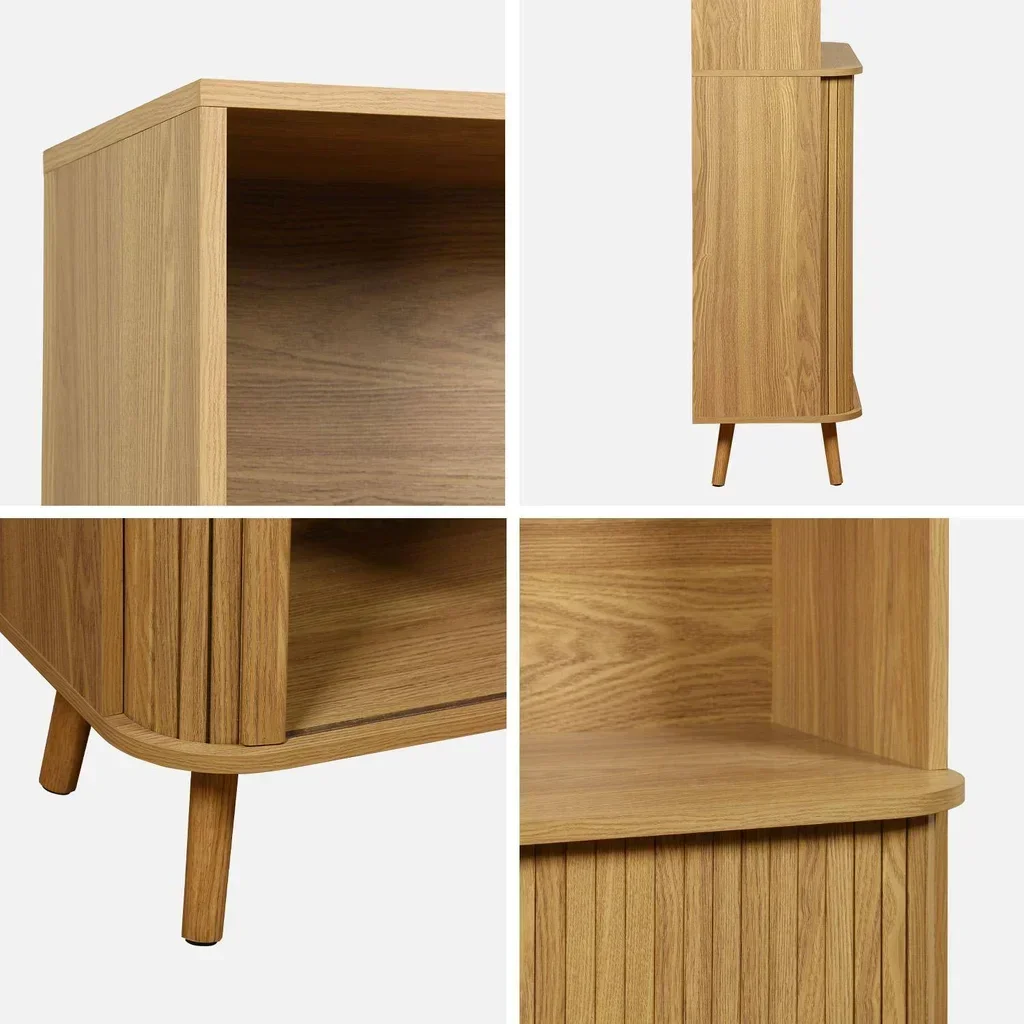 Bibliothèque bois rainuré 4 étagères 2 portes coulissantes style scandinave Legacy