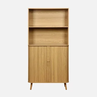 Bibliothèque bois rainuré 4 étagères 2 portes coulissantes style scandinave Legacy