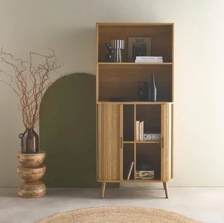 Bibliothèque bois rainuré 4 étagères 2 portes coulissantes style scandinave Legacy