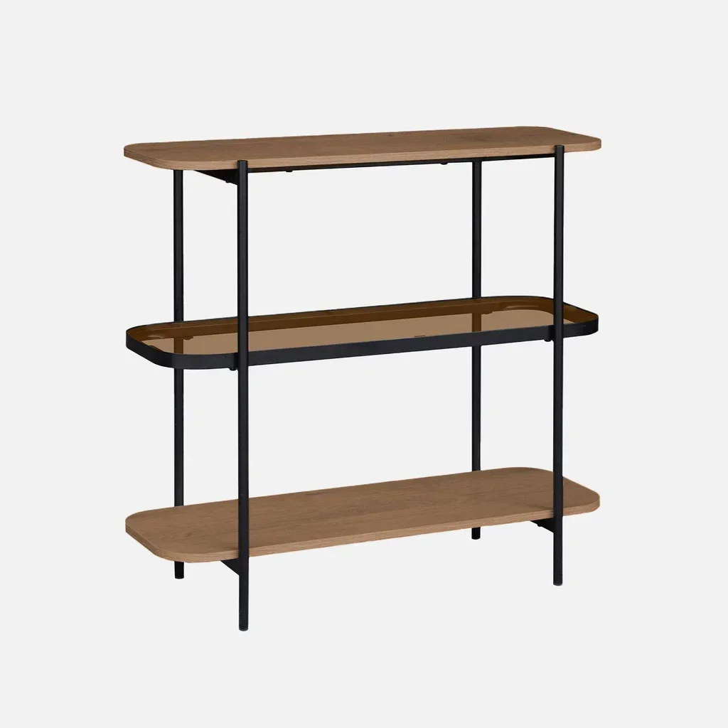 Bibliothèque design 3 étages bois verre trempé métal noir Smooky