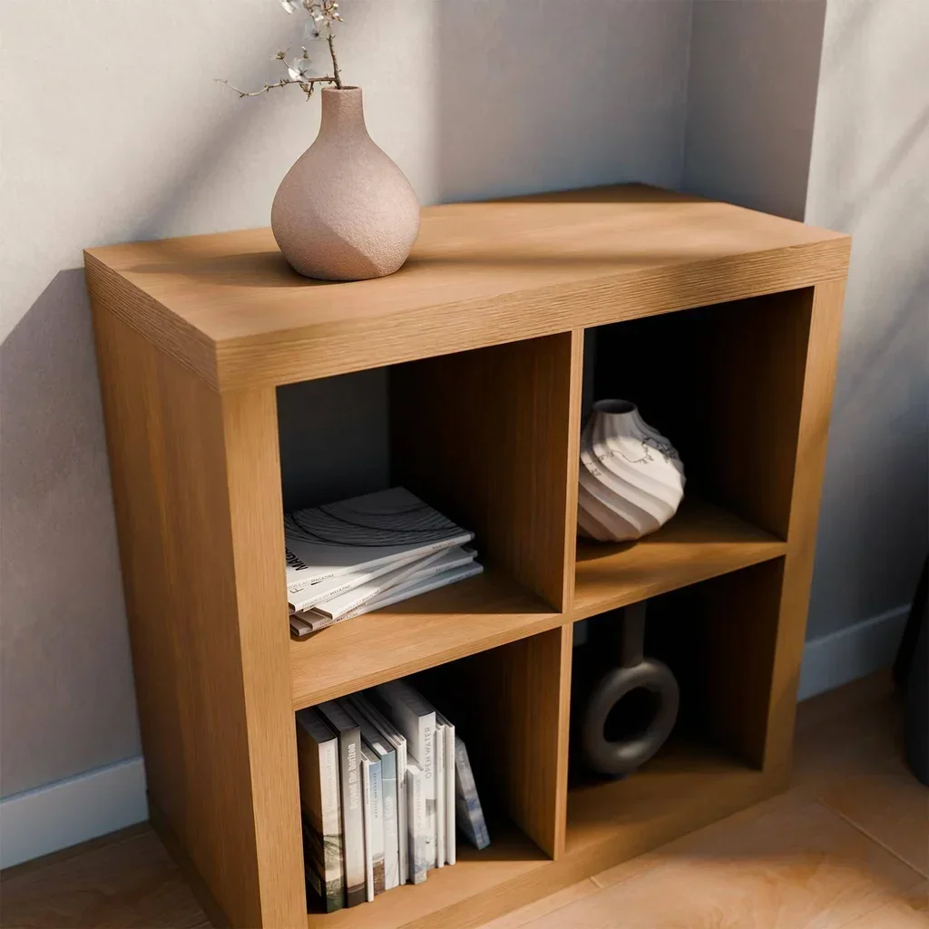 Bibliothèque design 4 cases bois 2 niveaux style contemporain manguier