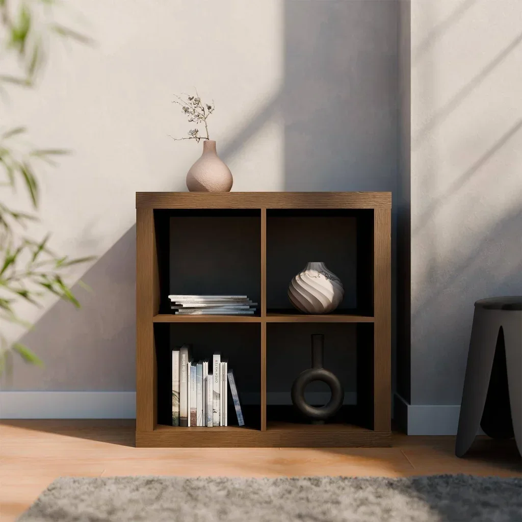 Bibliothèque design 4 cases bois - Étagère rangement 2 niveaux