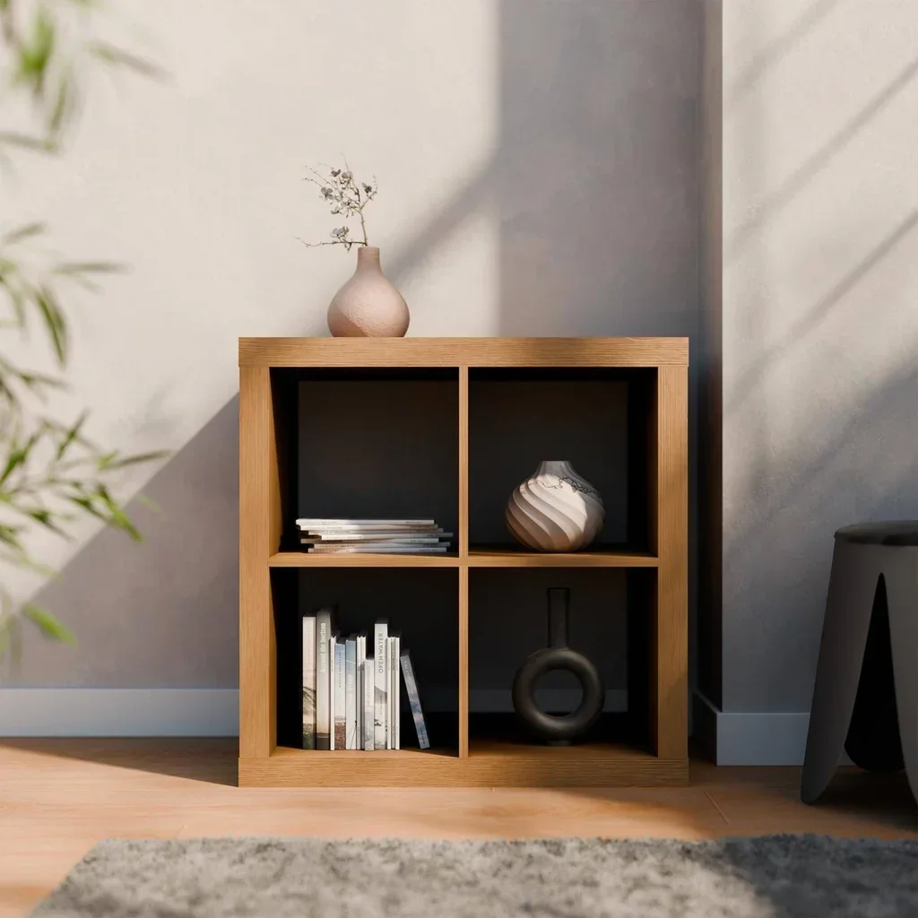 Bibliothèque design 4 cases bois 2 niveaux style contemporain manguier