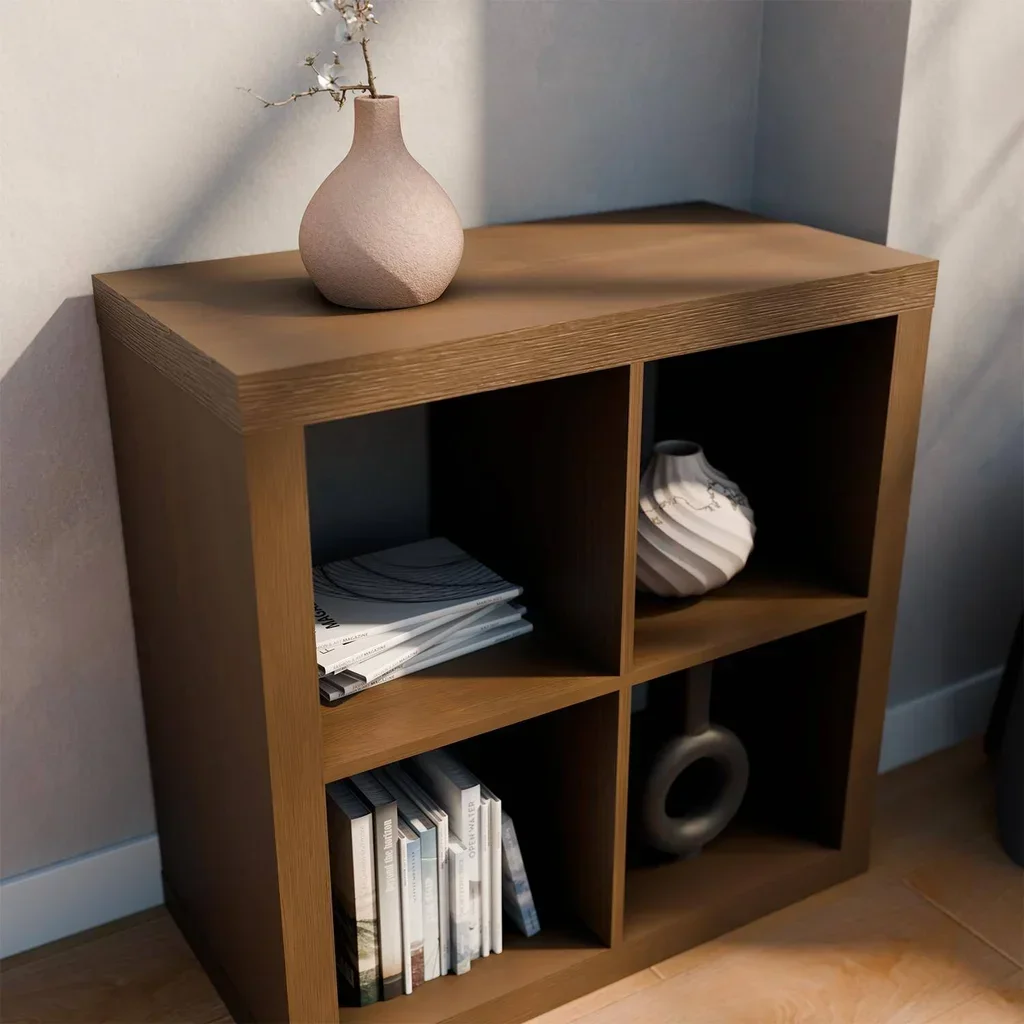 Bibliothèque design 4 cases bois - Étagère rangement 2 niveaux