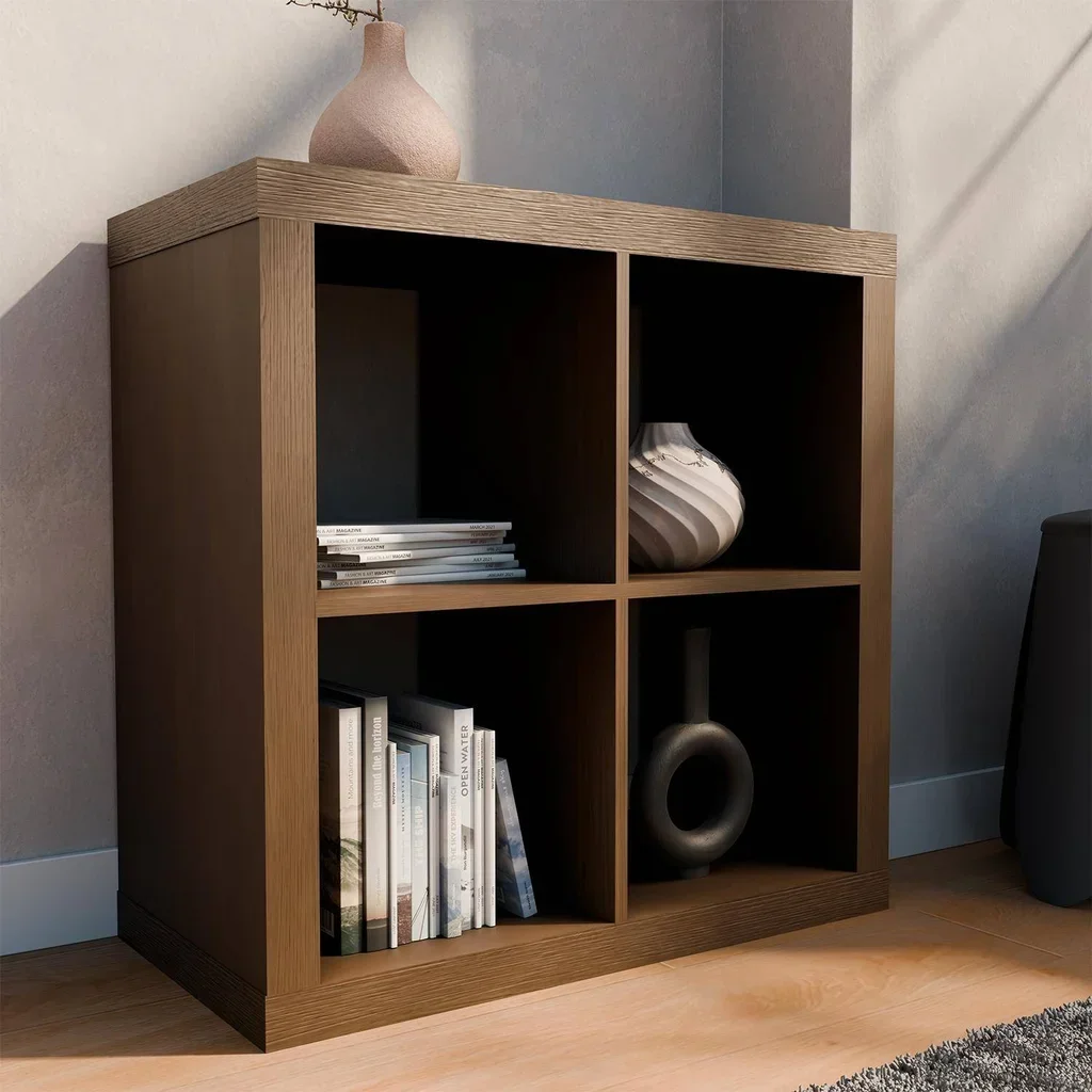 Bibliothèque design 4 cases bois - Étagère rangement 2 niveaux