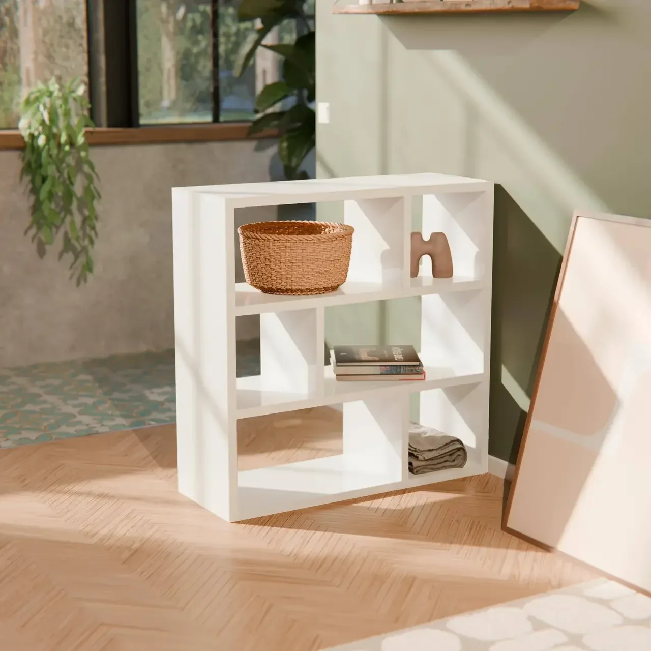 Bibliothèque design asymétrique bois 3 étages 6 cases Basiks manguier