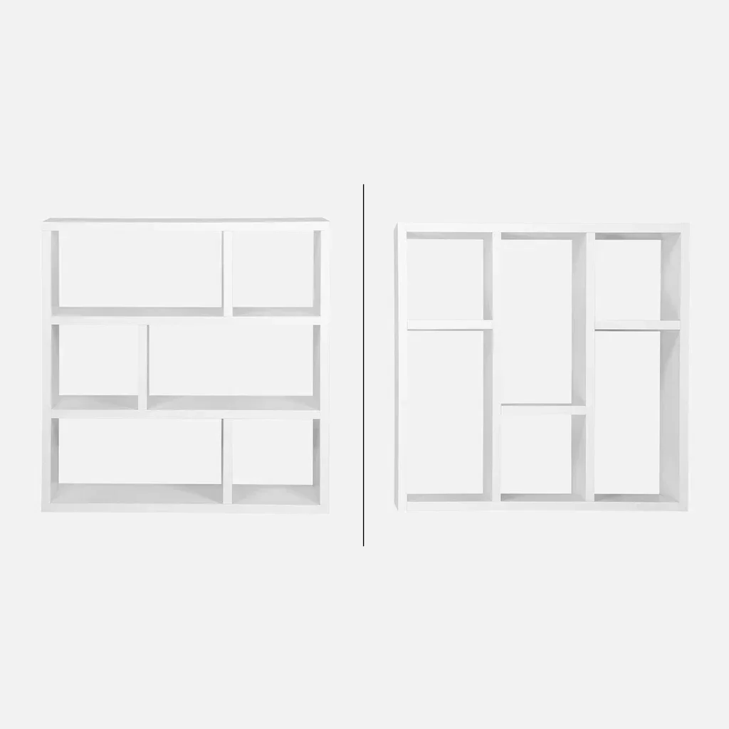 Bibliothèque design asymétrique bois 3 étages 6 cases Basiks manguier