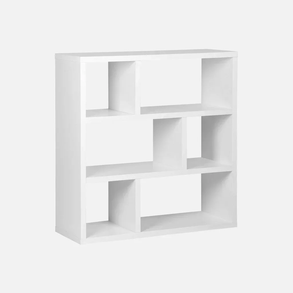 Bibliothèque design asymétrique bois 3 étages 6 cases Basiks manguier