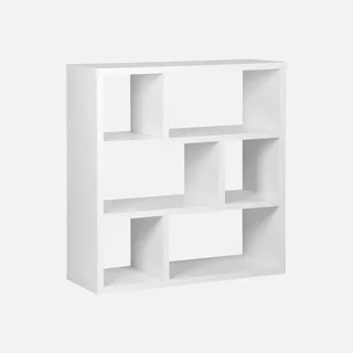 Bibliothèque design asymétrique bois 3 étages 6 cases Basiks manguier