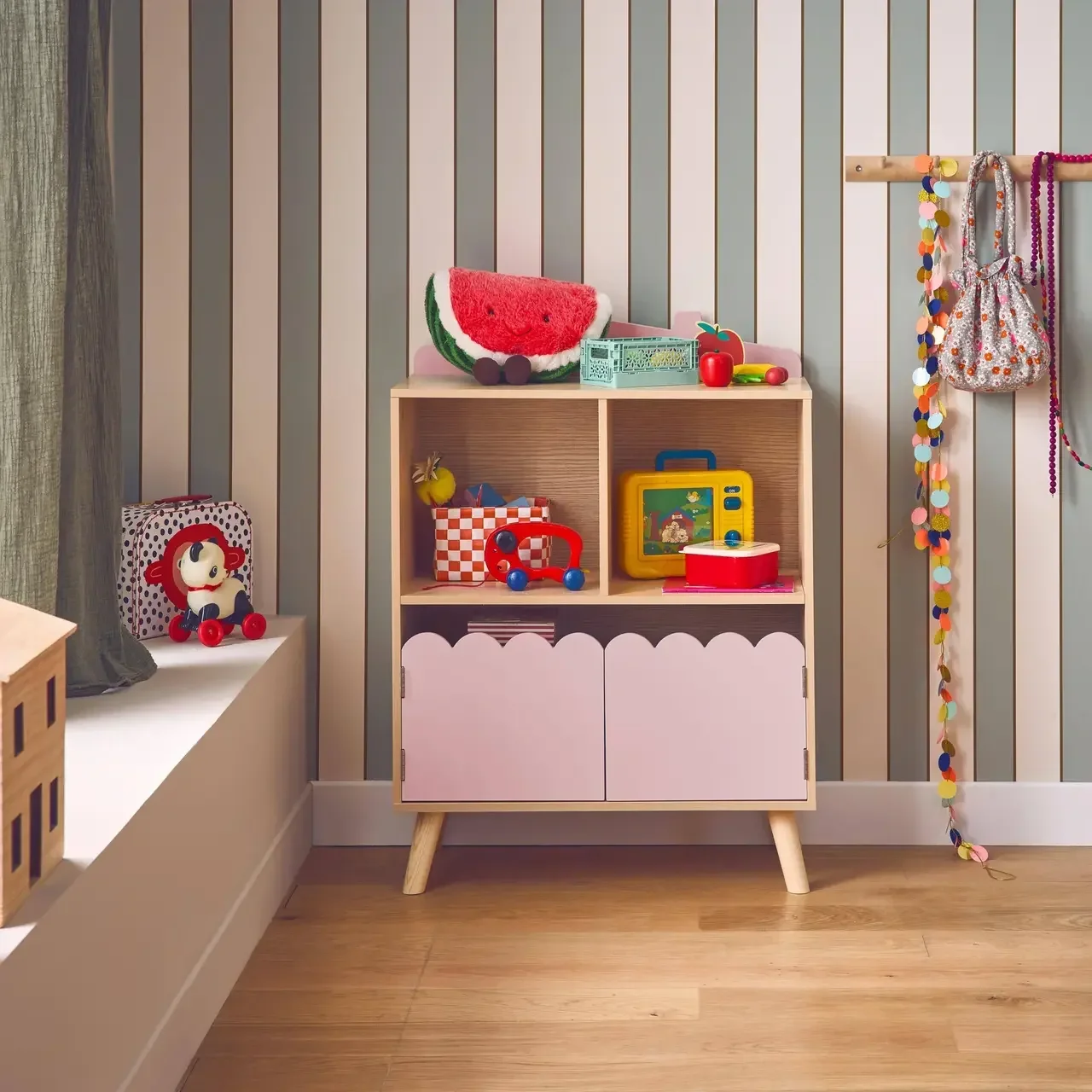 Kinderregal 2 Fächer 2 Türen Holz Grün Azur Finish