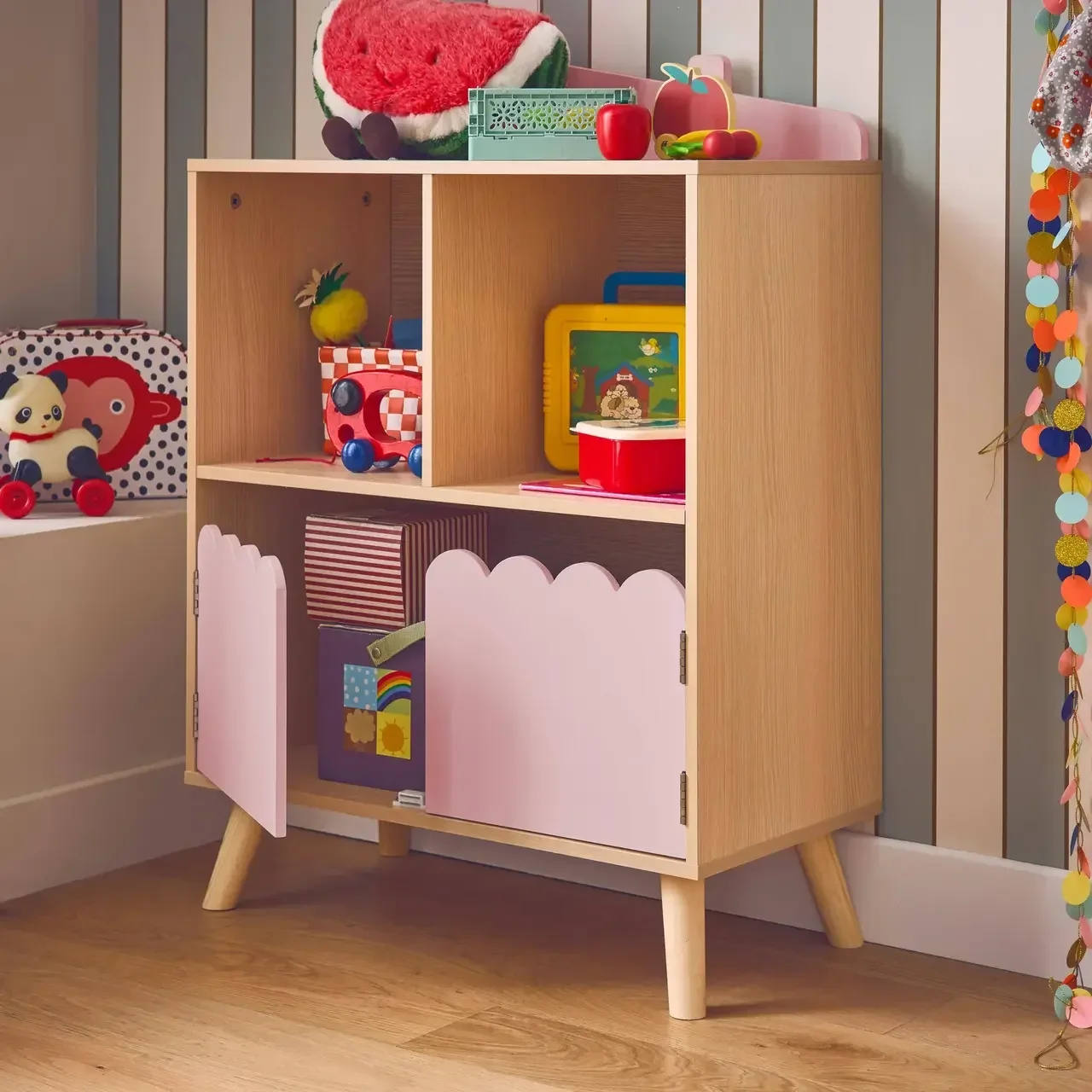 Kinderregal 2 Fächer 2 Türen Holz Grün Azur Finish