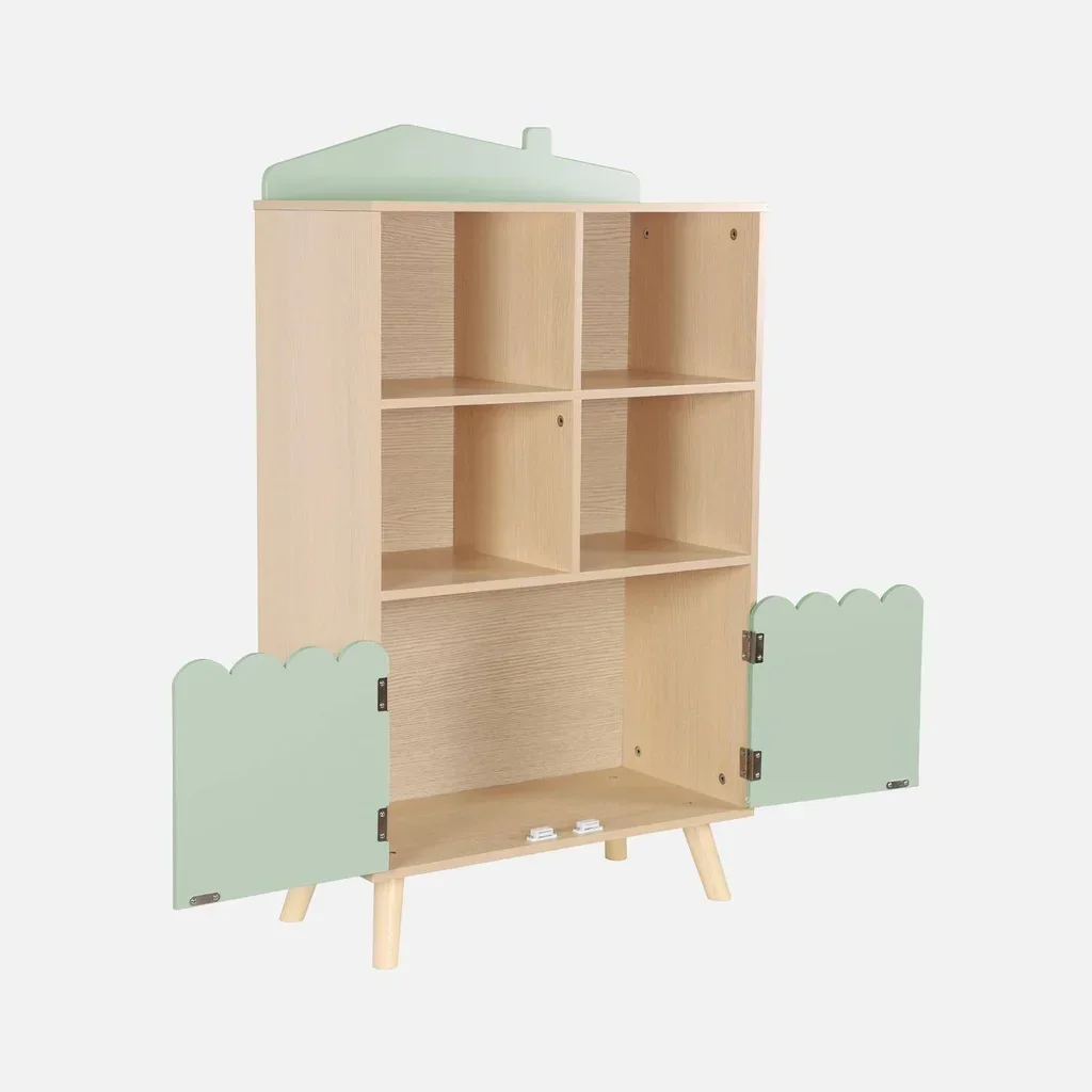 Bibliothèque enfant pin massif 4 étagères 2 portes rangement Azur