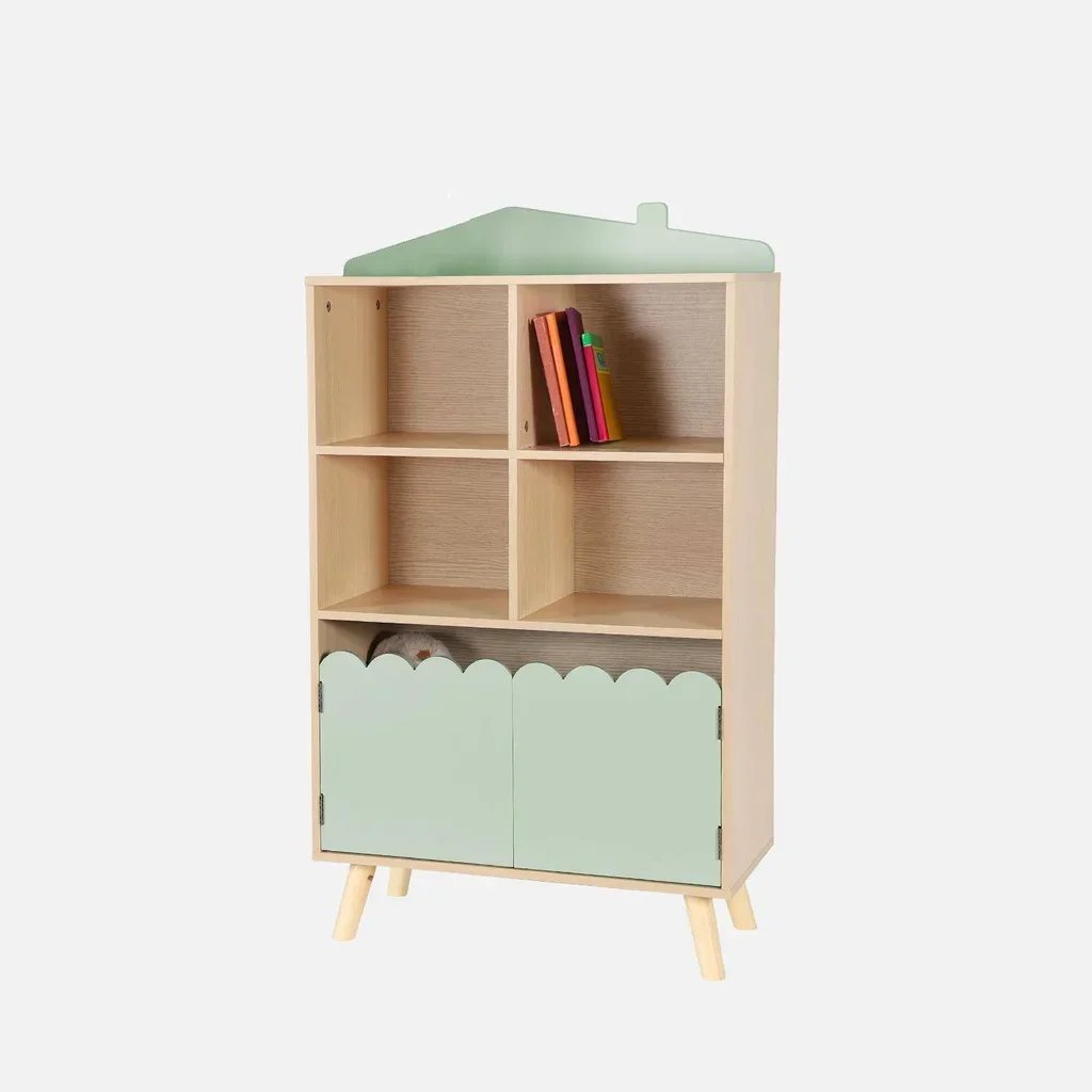 Bibliothèque enfant pin massif 4 étagères 2 portes rangement Azur