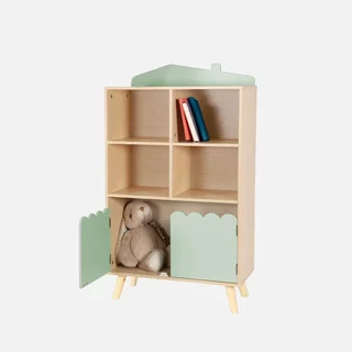 Bibliothèque enfant pin massif 4 étagères 2 portes rangement Azur