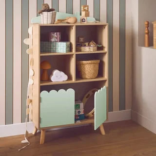 Bibliothèque enfant pin massif 4 étagères 2 portes rangement Azur