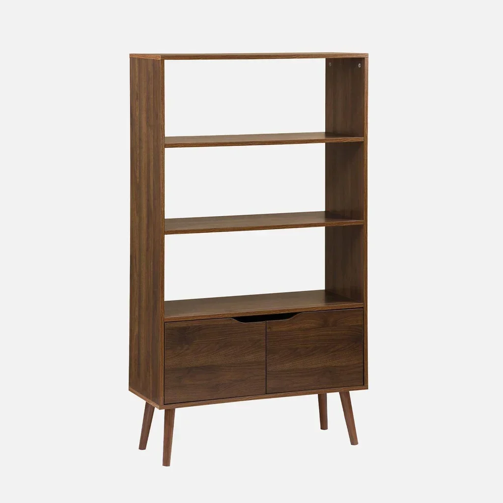 Bibliothèque scandinave 2 portes 3 niveaux finition bois de noyer