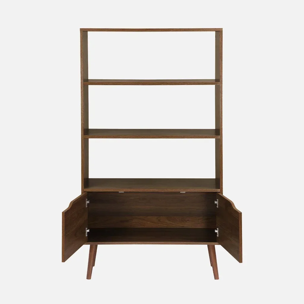 Bibliothèque scandinave 2 portes 3 niveaux finition bois de noyer