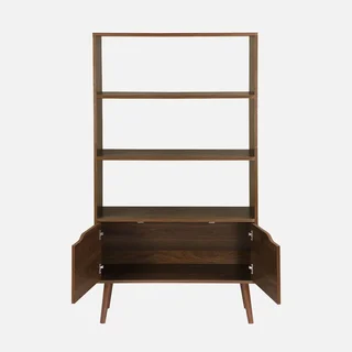 Bibliothèque scandinave 2 portes 3 niveaux finition bois de noyer