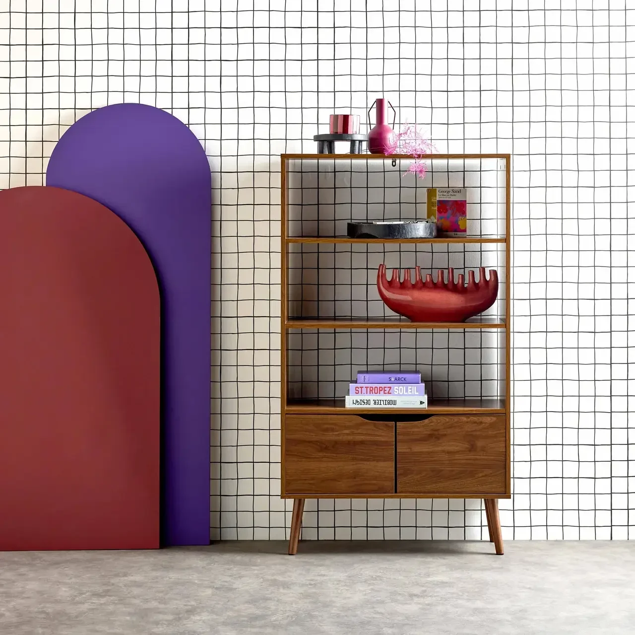 Bibliothèque scandinave 2 portes 3 niveaux finition bois de noyer