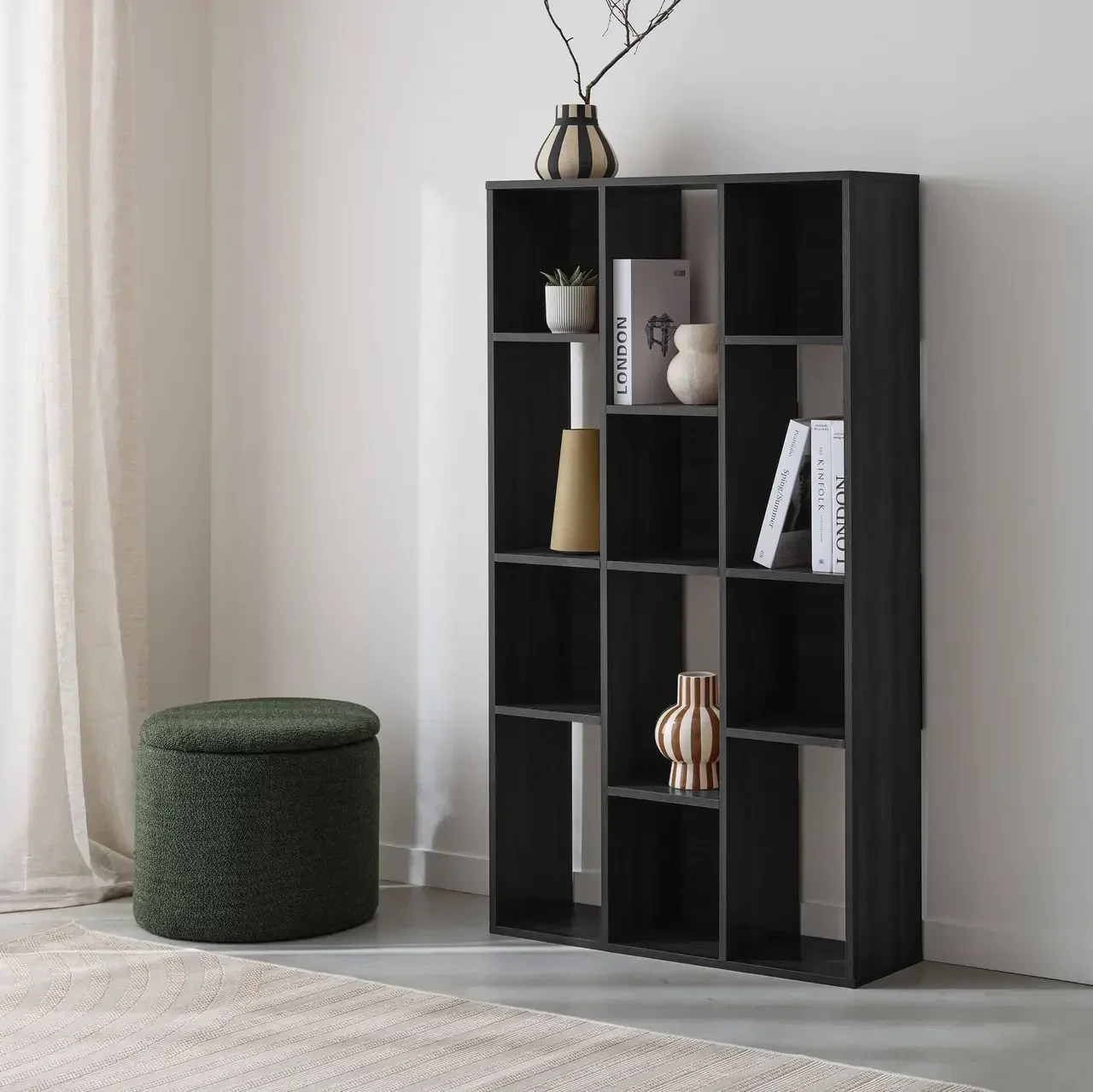 Bibliothèque étagère bois 3 niveaux 12 cases rangement salon bureau
