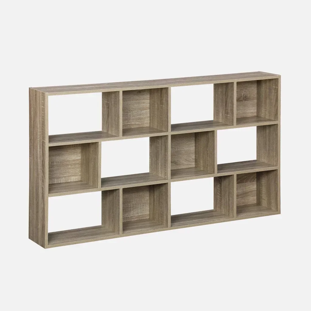 Bibliothèque bois 3 niveaux 12 cases rangement design Pieter
