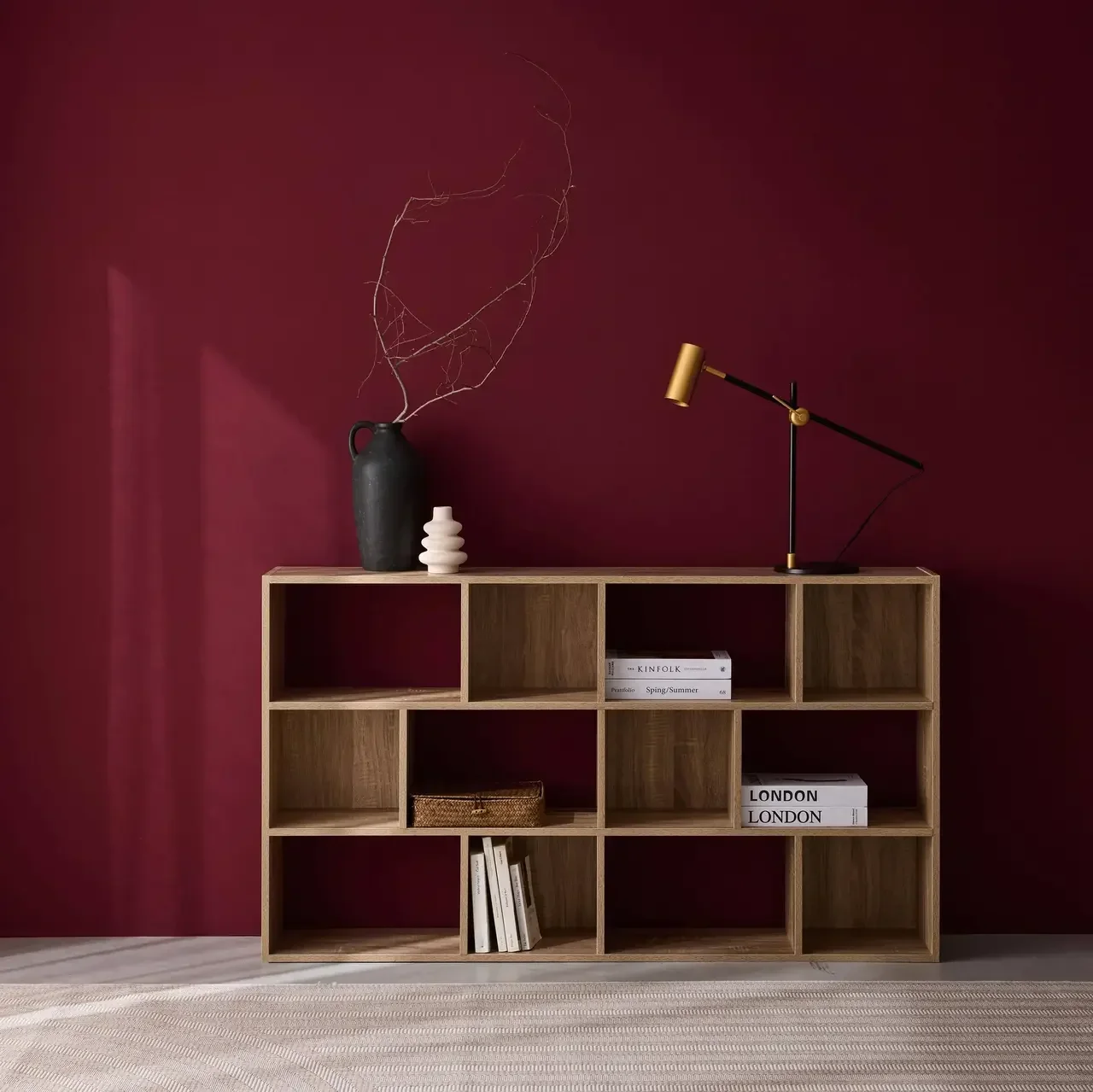 Bibliothèque bois 3 niveaux 12 cases rangement design Pieter
