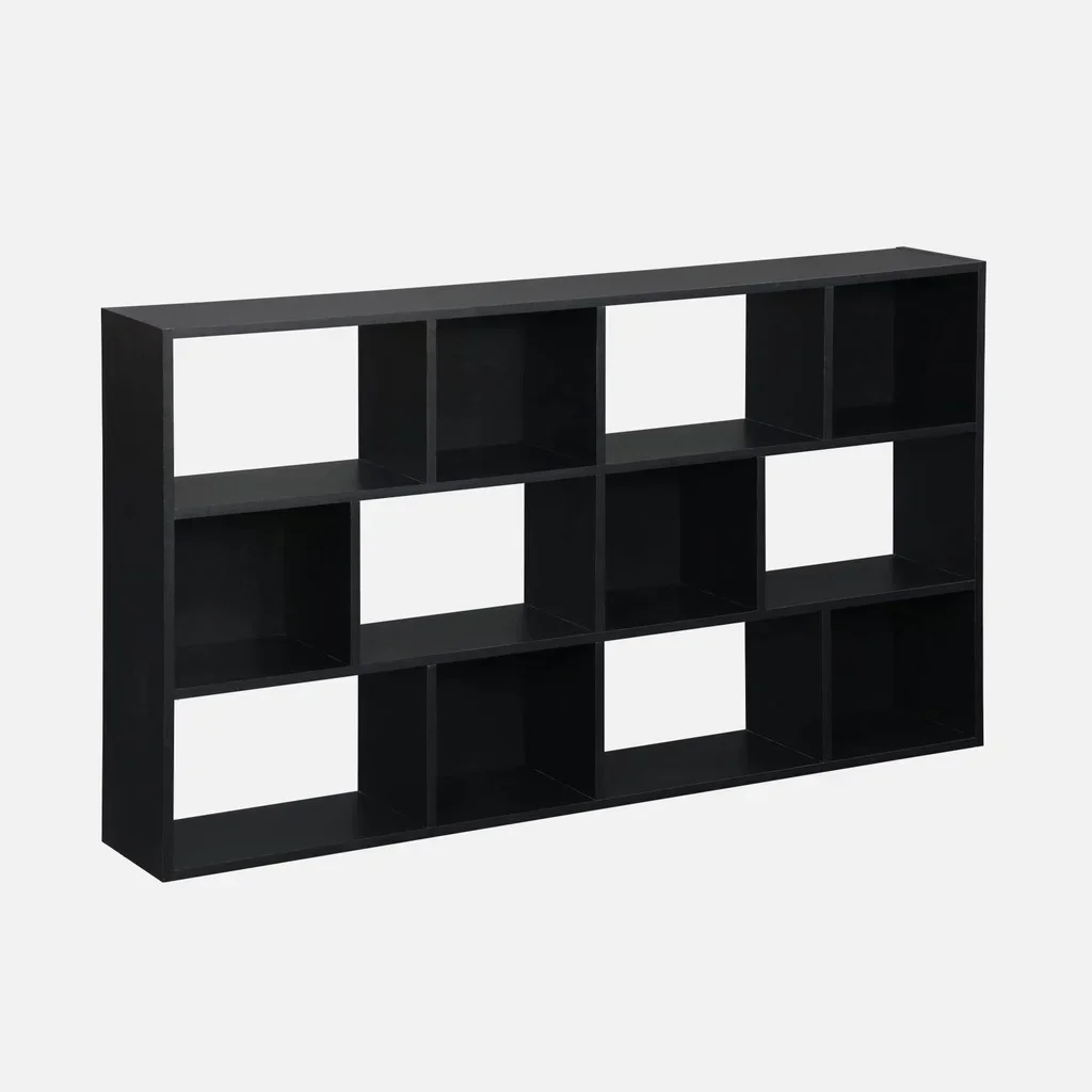 Bibliothèque étagère bois 3 niveaux 12 cases rangement salon bureau