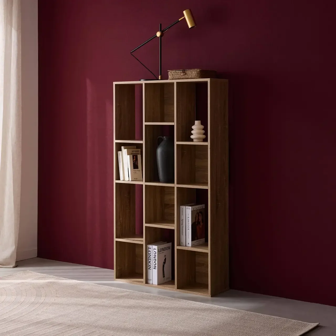 Bibliothèque bois 3 niveaux 12 cases rangement design Pieter