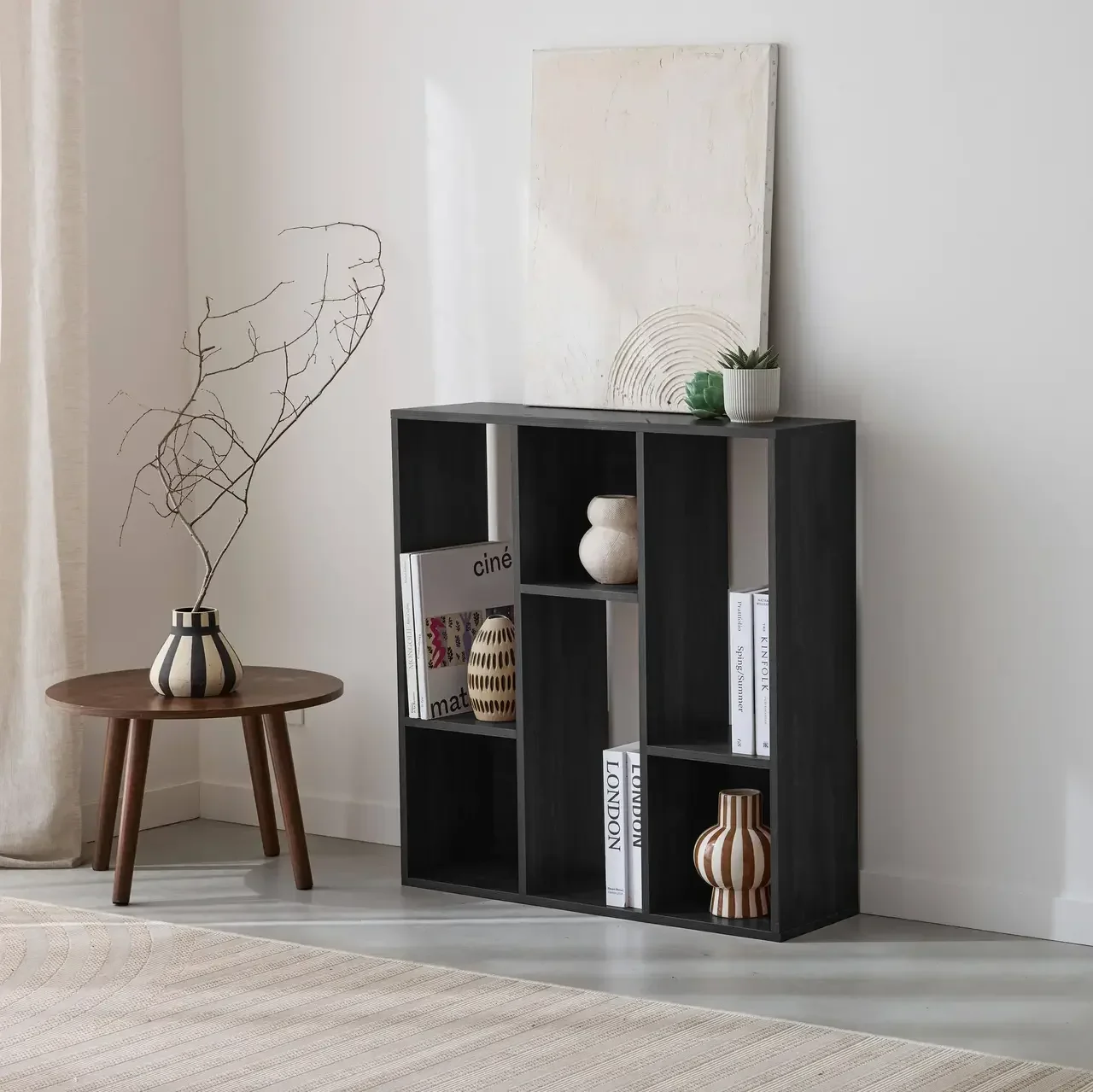 Bibliothèque bois 3 niveaux 6 cases design minimaliste Pieter