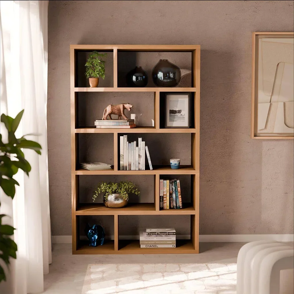 Bibliothèque étagère design asymétrique 5 niveaux bois naturel