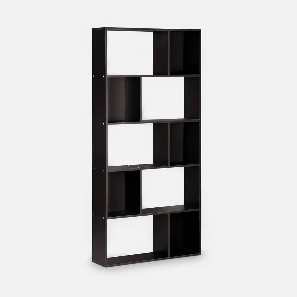 Bibliothèque design bois 5 niveaux 10 cases rangement noir Pieter
