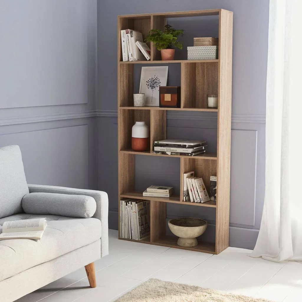 Bibliothèque design bois 5 étagères 10 cases rangement noir Pieter 173cm