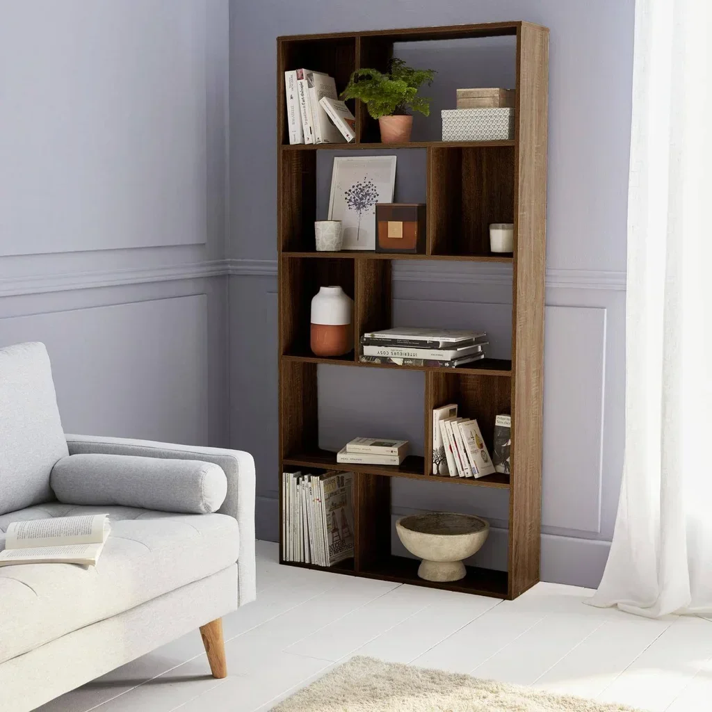 Bibliothèque design bois 5 niveaux 10 cases rangement Pieter noir