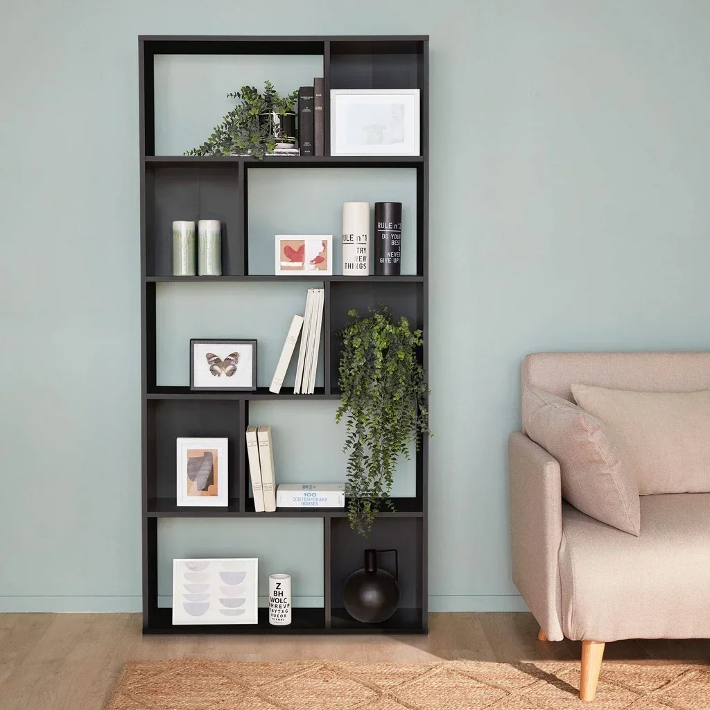 Bibliothèque design bois 5 niveaux 10 cases rangement noir Pieter