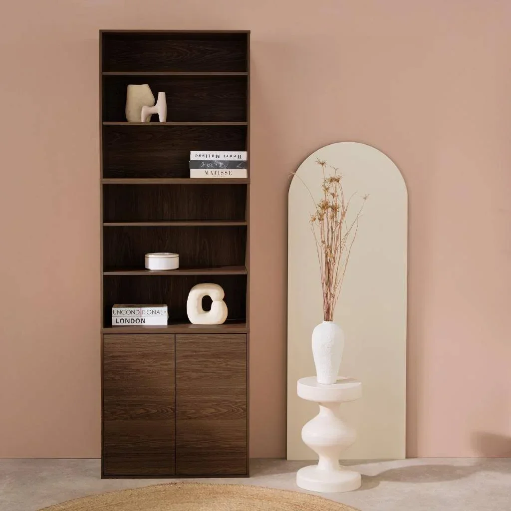 Estante modular de madeira 3 compartimentos com 2 portas e 5 prateleiras