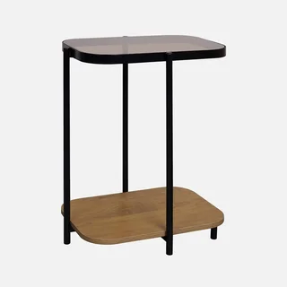 Mesa auxiliar sofá vintage doble estante cristal madera metal negro Smooky