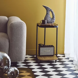 Mesa auxiliar sofá vintage doble estante cristal madera metal negro Smooky