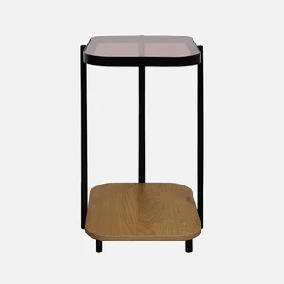 Mesa auxiliar sofá vintage doble estante cristal madera metal negro Smooky