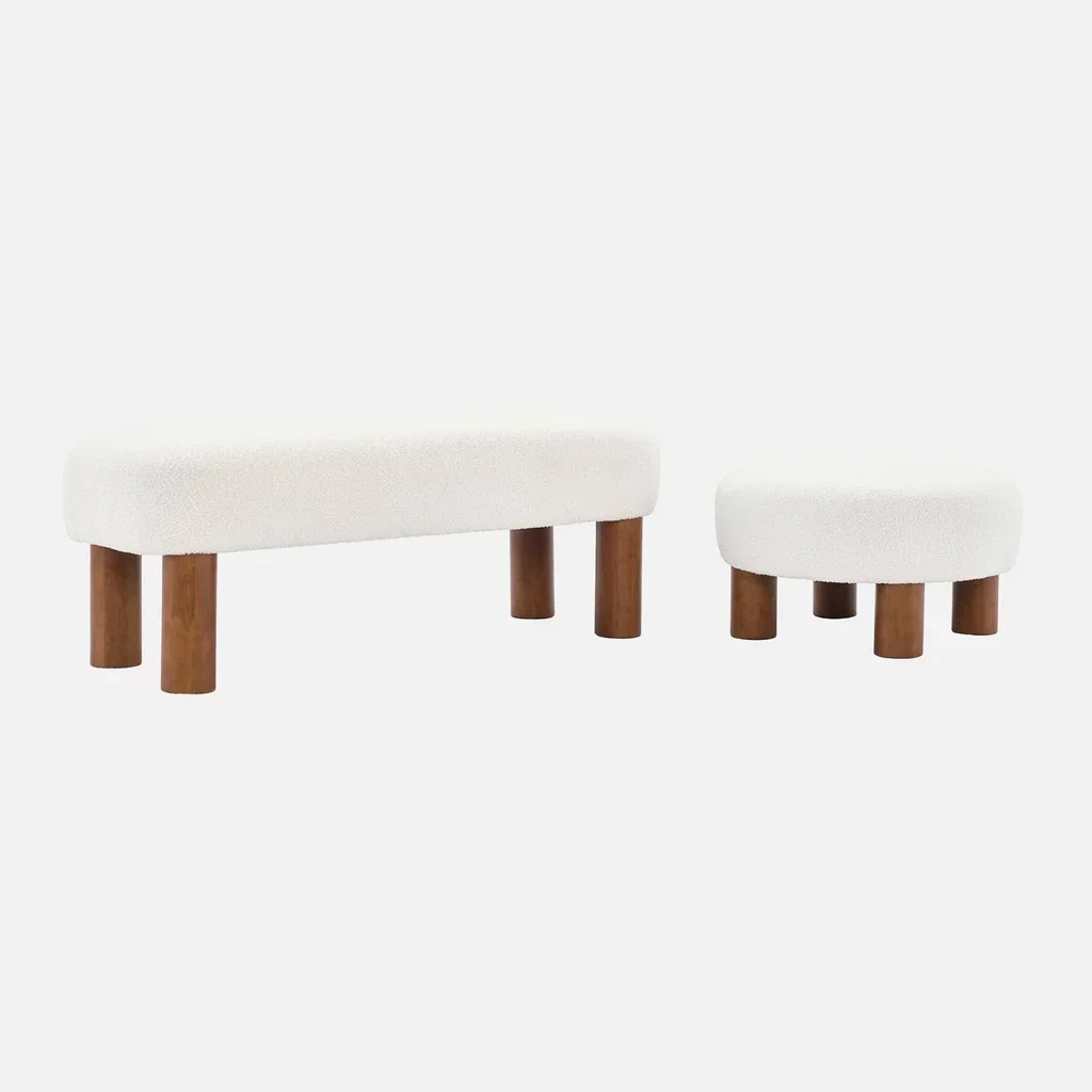 Banc bout de lit Fujo bois hévéa et bouclette blanche 121 cm
