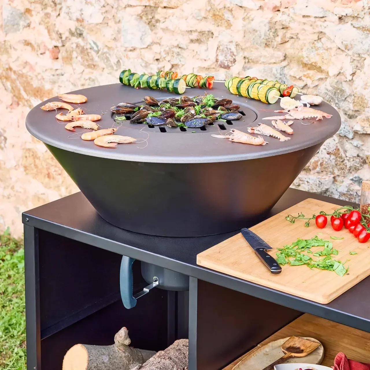 Brasero barbecue 80 cm avec desserte et couvercle pour jardin