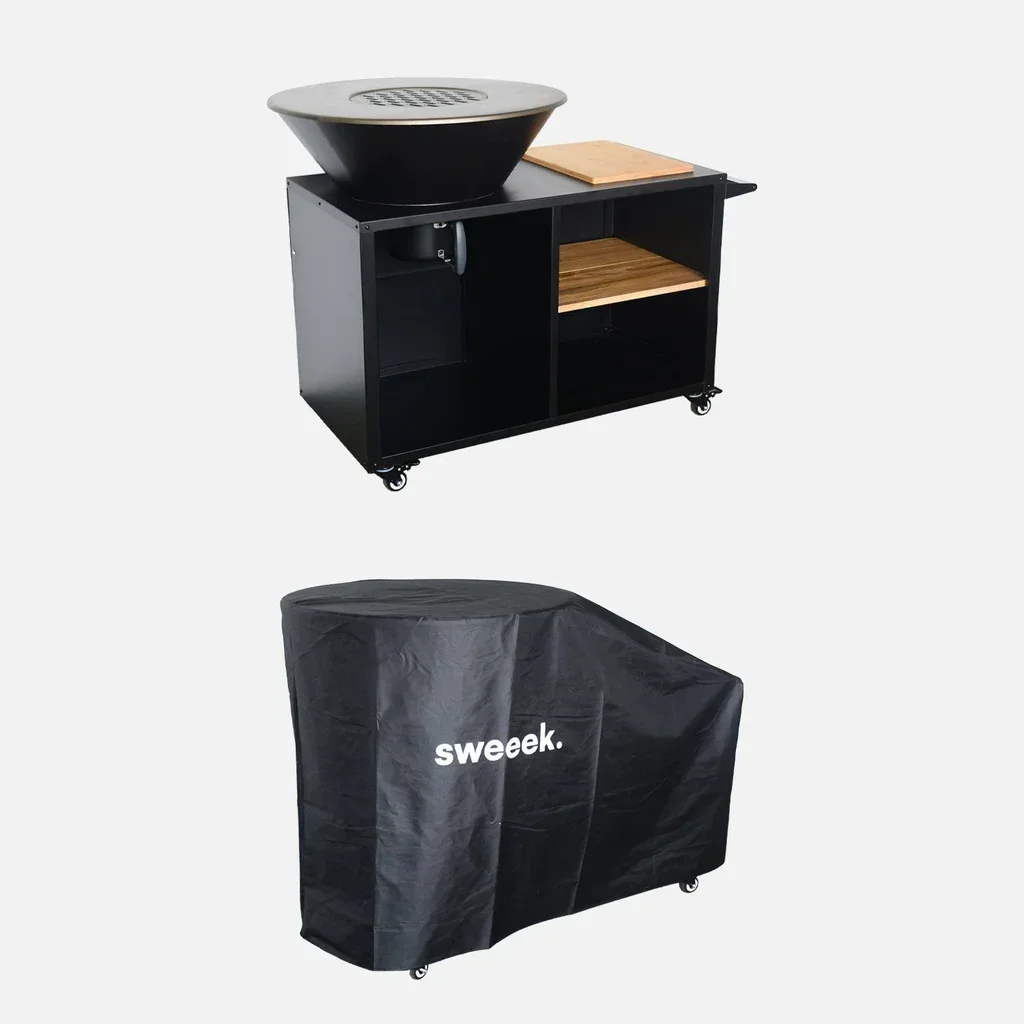 Fire pit barbecue Ø80cm with side table, storage compartments and protective cover