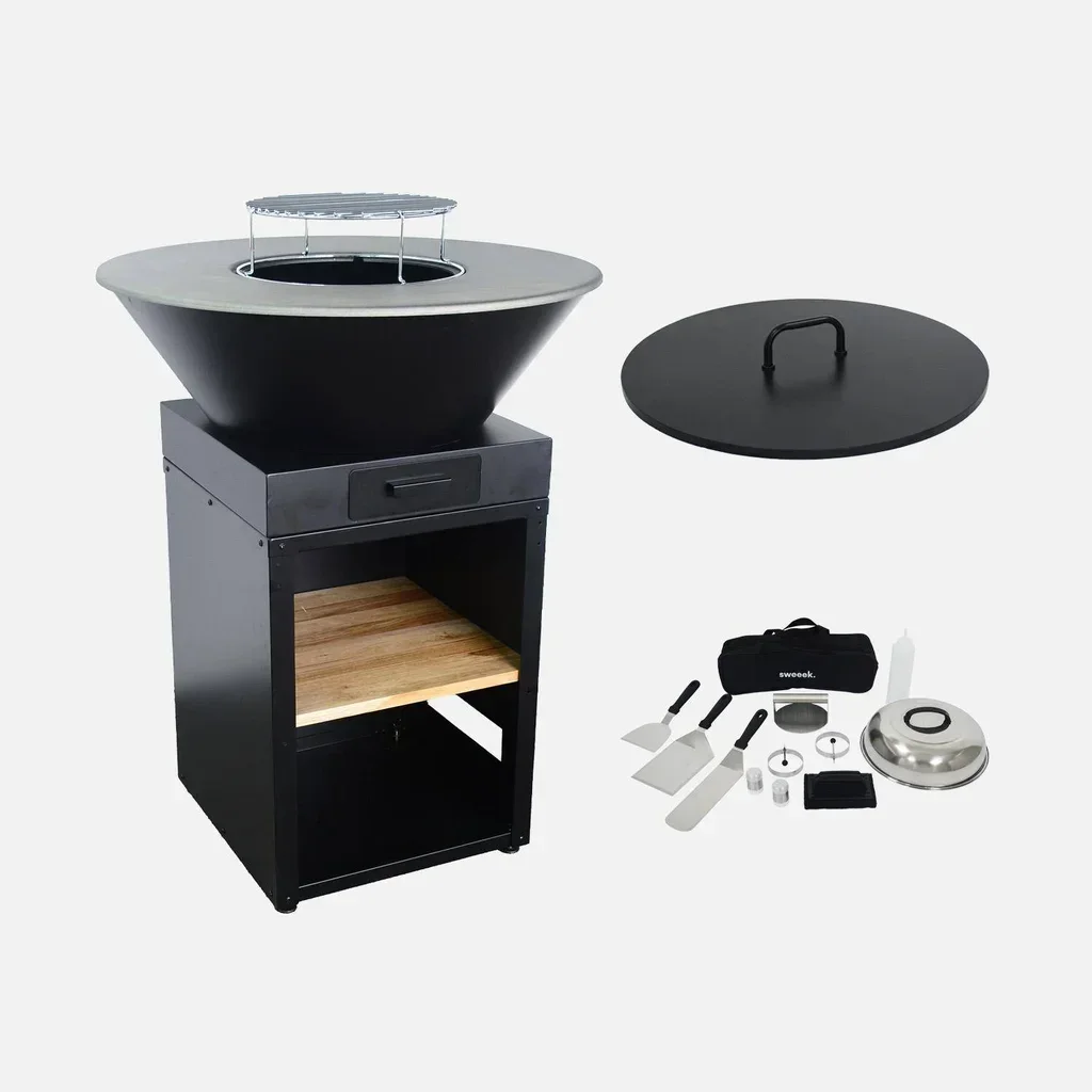 Brasero barbecue Ø81,5 cm avec grille plancha, couvercle et accessoires complets
