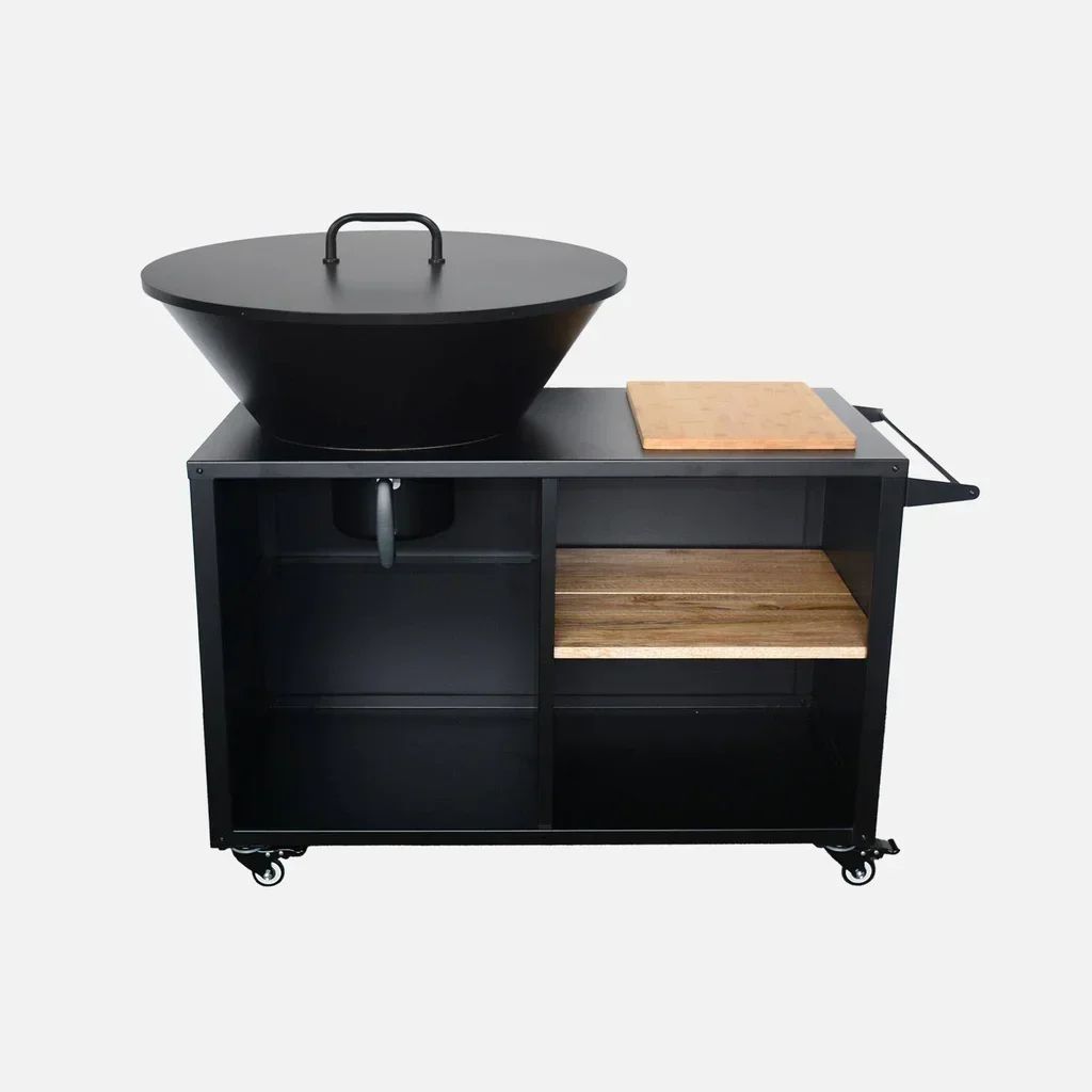 Brasero-barbecue de jardin Ø80 cm avec desserte, rangements, couvercle et ustensiles