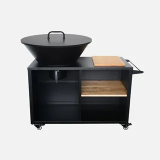 Brasero-barbecue de jardin Ø80 cm avec desserte, rangements, couvercle et ustensiles