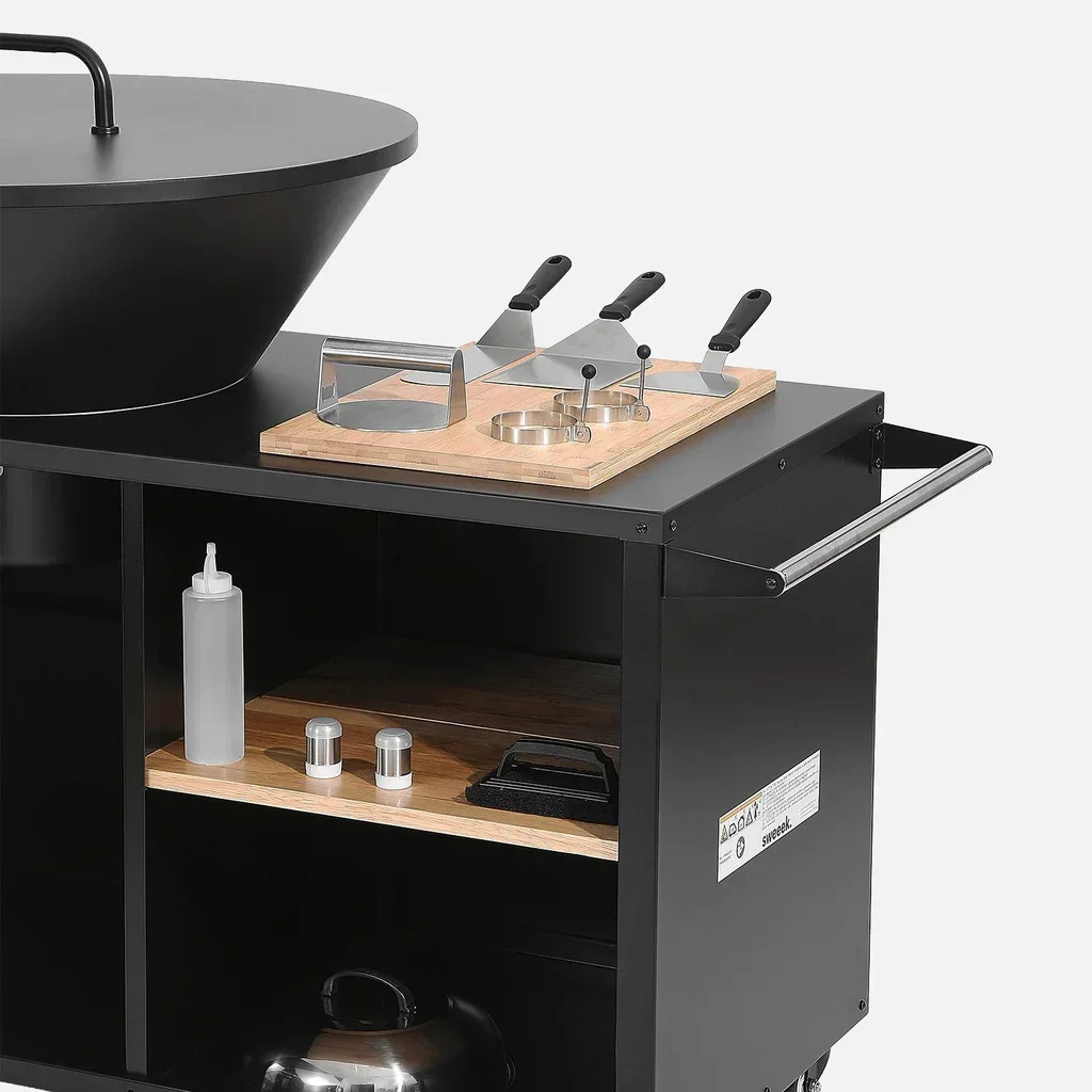 Brasero-barbecue de jardin Ø80 cm avec desserte, rangements, couvercle et ustensiles