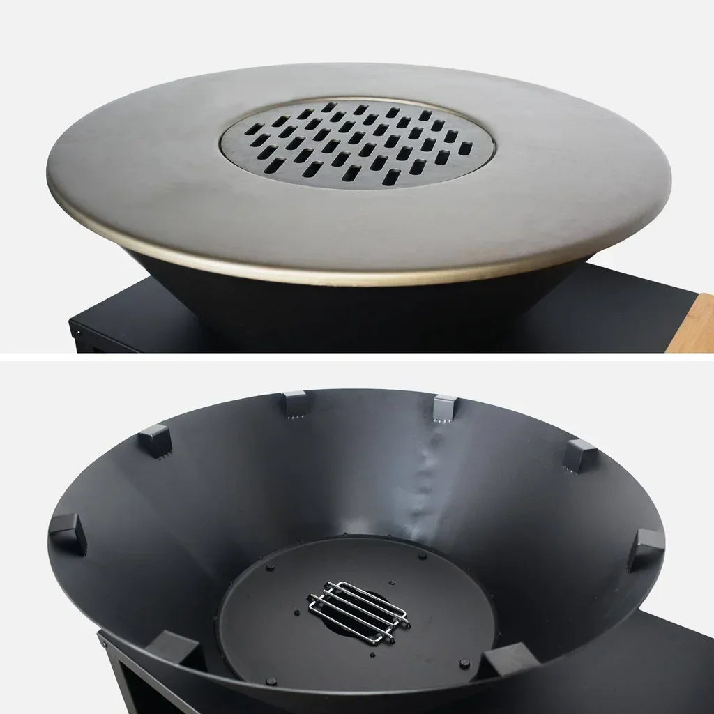 Brasero-barbecue de jardin Ø80 cm avec desserte, rangements, couvercle et ustensiles
