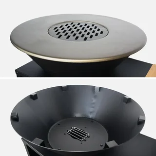 Brasero-barbecue de jardin Ø80 cm avec desserte, rangements, couvercle et ustensiles